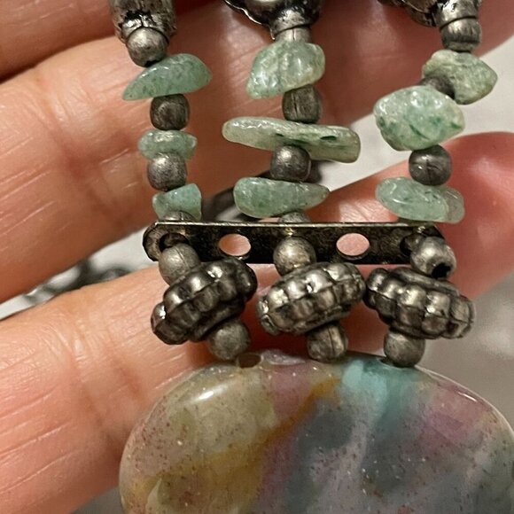 Handmade Genuine Agate Stone Three Row Silver Tone Choker Boho Necklace 14"-16" - Picture 4 of 9